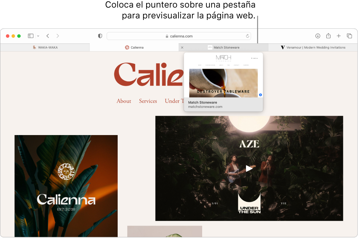 Una ventana de Safari con una página web activa llamada “Calienna”, junto con 3 pestañas más y una llamada a una previsualización de la pestaña “Match Stoneware” con el texto “Coloca el cursor sobre una pestaña para ver una previsualización de la página web”.