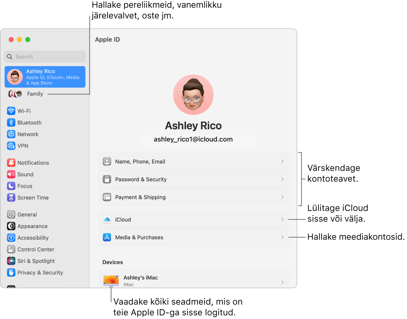 Apple ID seaded jaotises System Settings väljaviikudega kontoinfo värskendamiseks, iCloudi funktsioonide sisse või välja lülitamiseks, meediakontode haldamiseks ning jaotis Family, kust saate hallata pereliikmeid, vanemlikku järelevalvet, oste jm.