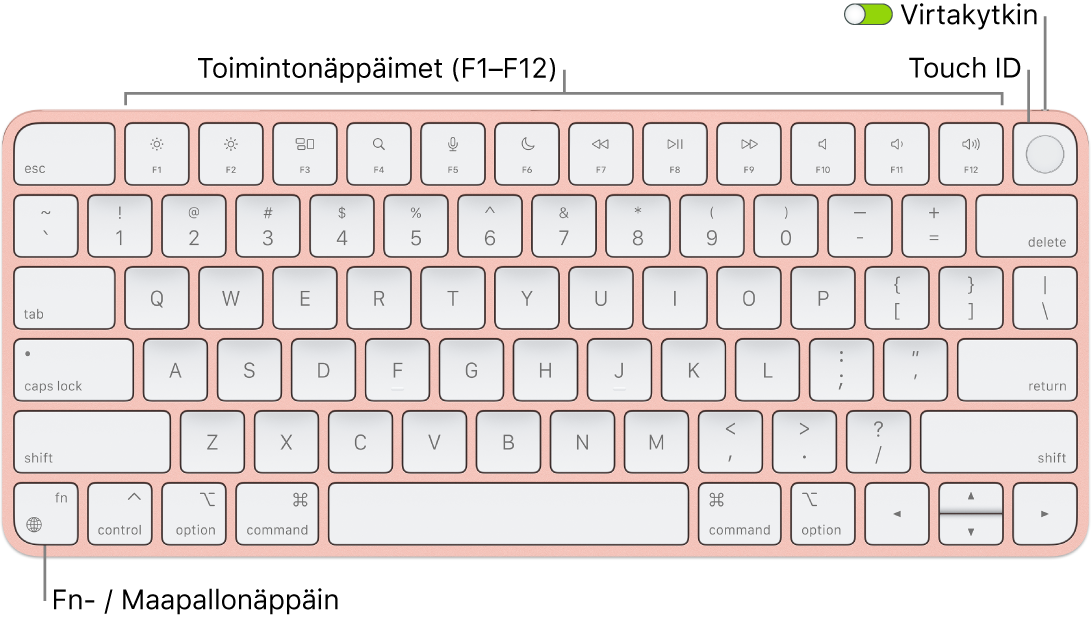 Touch ID:llä varustettu Magic Keyboard, jossa on rivi toimintonäppäimiä ja Touch ID yläreunassa sekä fn-/maapallonäppäin vasemmassa alakulmassa.