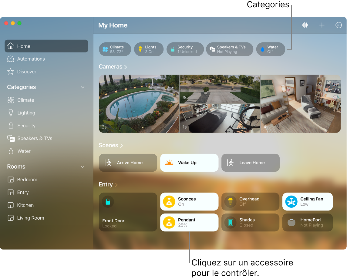 L’app Maison affichant les catégories, les scènes favorites et les accessoires favoris.