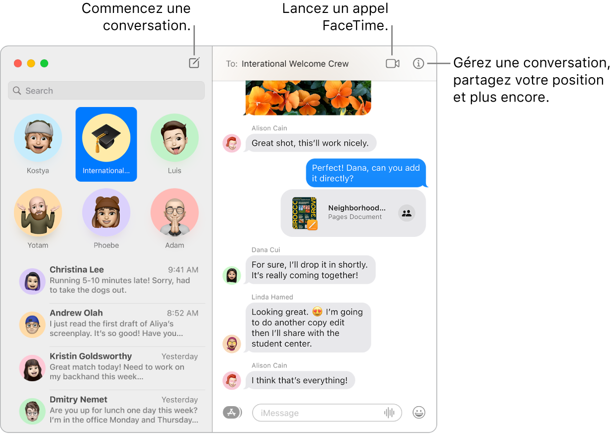 Une fenêtre de Messages montrant comment lancer une conversation et passer un appel FaceTime.