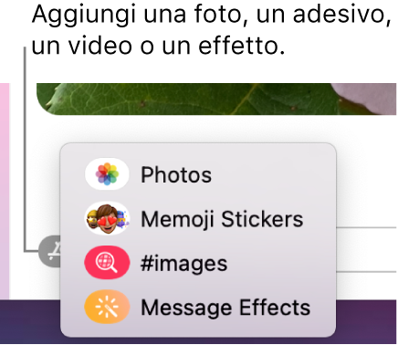 Il menu App con opzioni per mostrare foto, adesivi Memoji, GIF ed effetti messaggi.