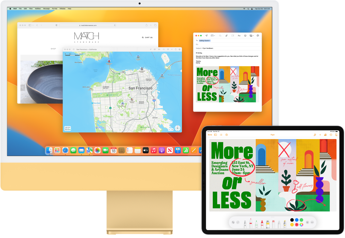 iMac пен iPad құрылғылары бір-біріне қатар орналасқан. iPad экранында аннотациялары бар парақшаны көрсетеді. iMac экранында қосымша ретінде iPad құрылғысынан аннотацияланған парақшасы бар Mail хабарламасы бар.