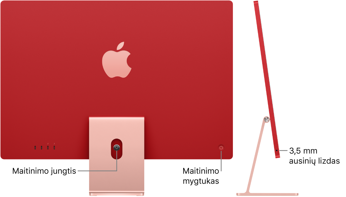 Galinė „iMac“ pusė, matosi maitinimo jungtis ir maitinimo mygtukas. Šalia pateiktas šoninis vaizdas, matosi ausinių lizdas.