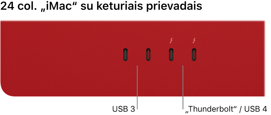 „iMac“: rodomi du „Thunderbolt 3“ (USB-C) prievadai kairėje ir du „Thunderbolt“ / USB 4 prievadai dešinėje.