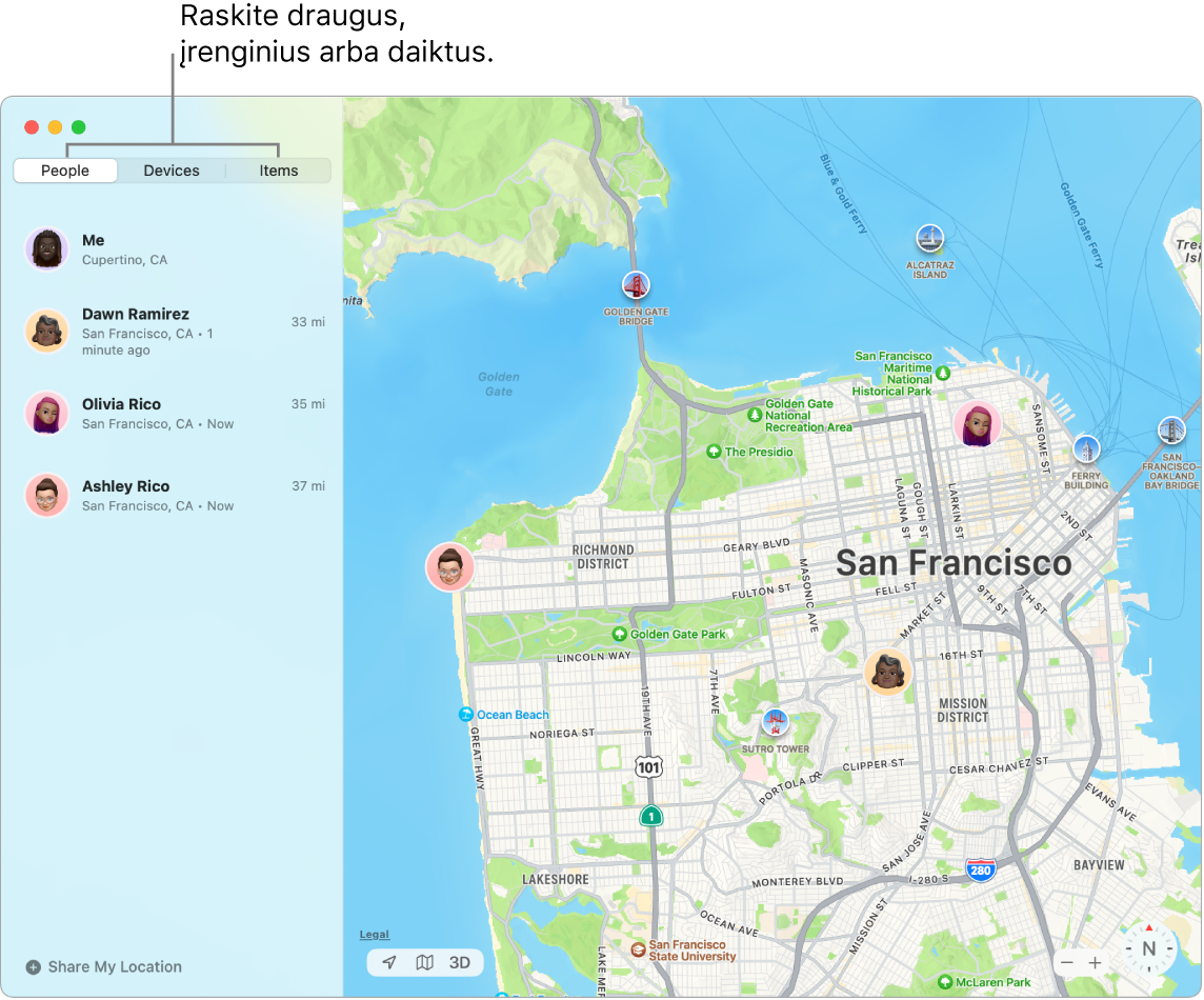 „Find My“ lango kairėje pasirinkta kortelė „People“ ir dešinėje esantis San Fransisko žemėlapis su jūsų dviejų draugų vietomis.