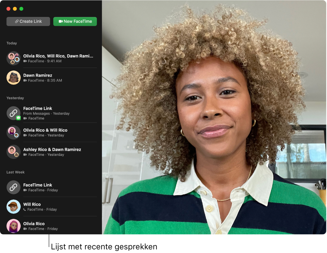 Een FaceTime-venster met knoppen om een link naar een FaceTime-gesprek aan te maken of een nieuw FaceTime-gesprek te starten, en een lijst met recente gesprekken.