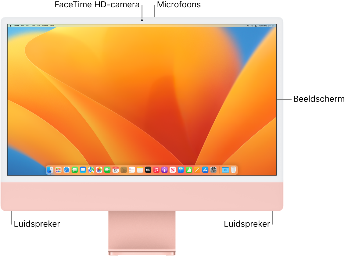 Vooraanzicht van een iMac met het beeldscherm, de camera, de microfoons en de luidsprekers.