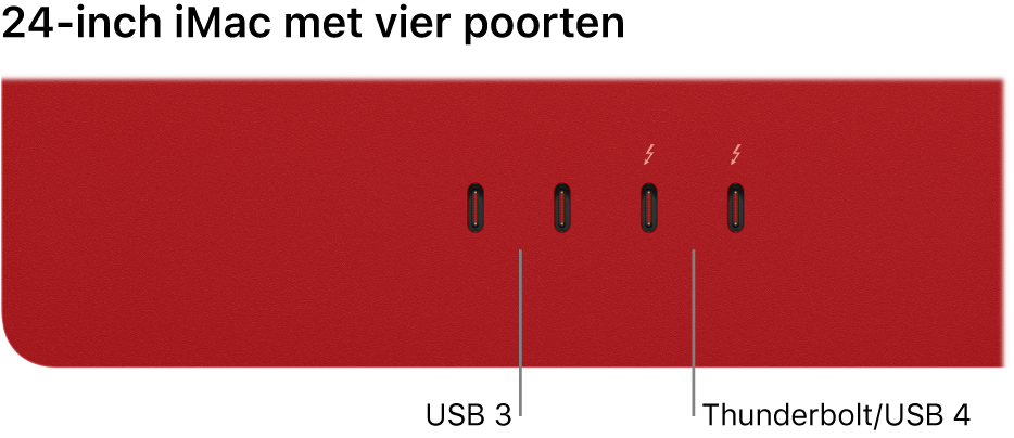 Een iMac met twee Thunderbolt 3-poorten (USB-C) aan de linkerkant en twee Thunderbolt/USB 4-poorten rechts daarvan.