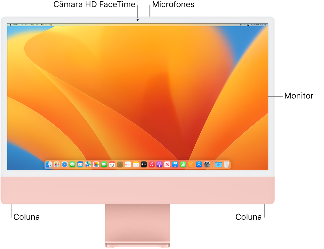 Vista frontal do iMac a mostrar o ecrã, a câmara, os microfones e as colunas.