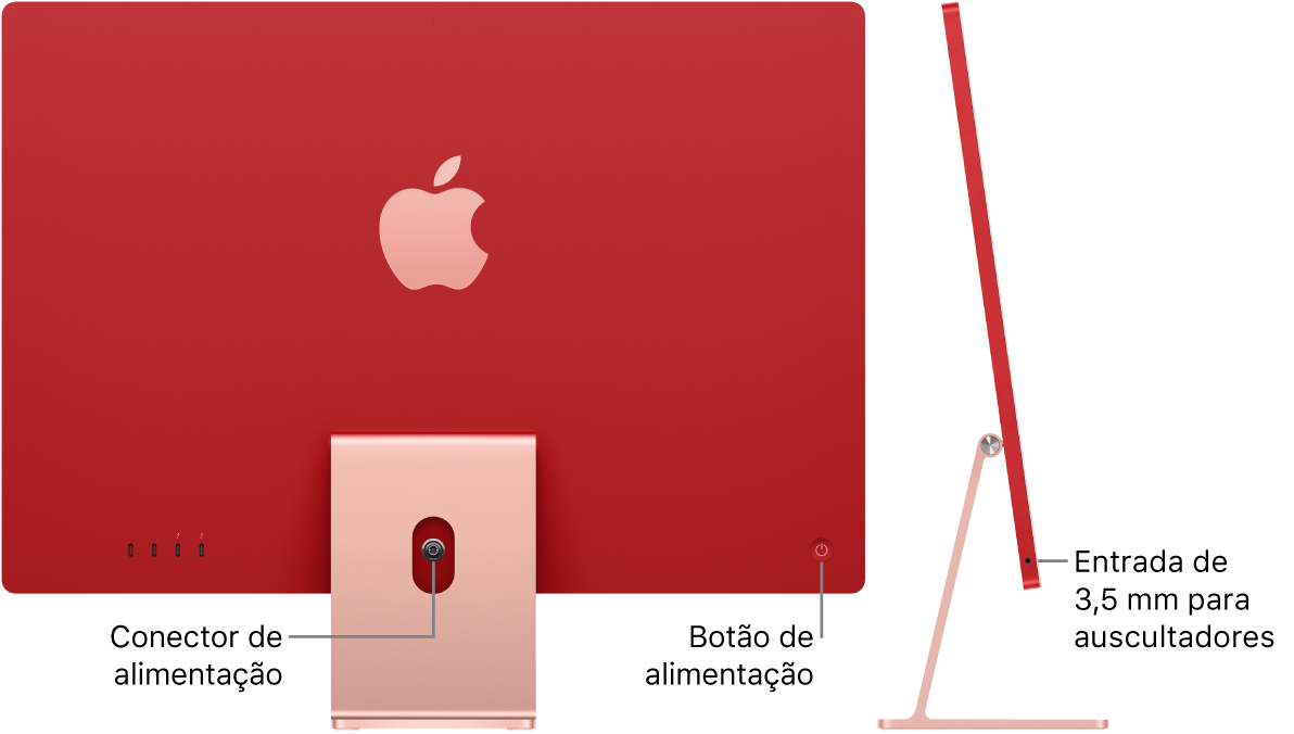 Vista traseira do iMac a mostrar o conector de alimentação e o botão de alimentação. Ao lado, encontra-se uma vista lateral que mostra a saída para auscultadores.