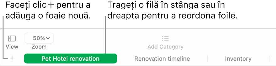 O fereastră Numbers afișând modul în care să adăugați o foaie nouă și cum să reordonați foile.