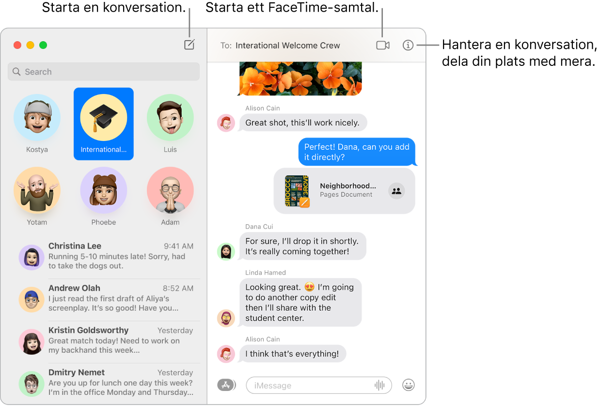 Okno aplikacije Messages, v katerem je prikazano, kako začeti pogovor in kako vzpostaviti klic FaceTime.