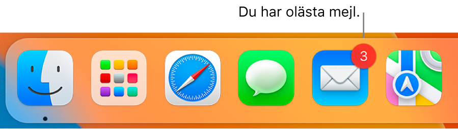 Ett område av Dock som visar symbolen för appen Mail med en bricka som anger antalet olästa mejl.