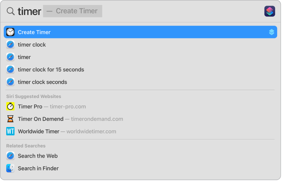 Пошук у Spotlight «таймер» з результатами використати швидку дію, щоб створити таймер.