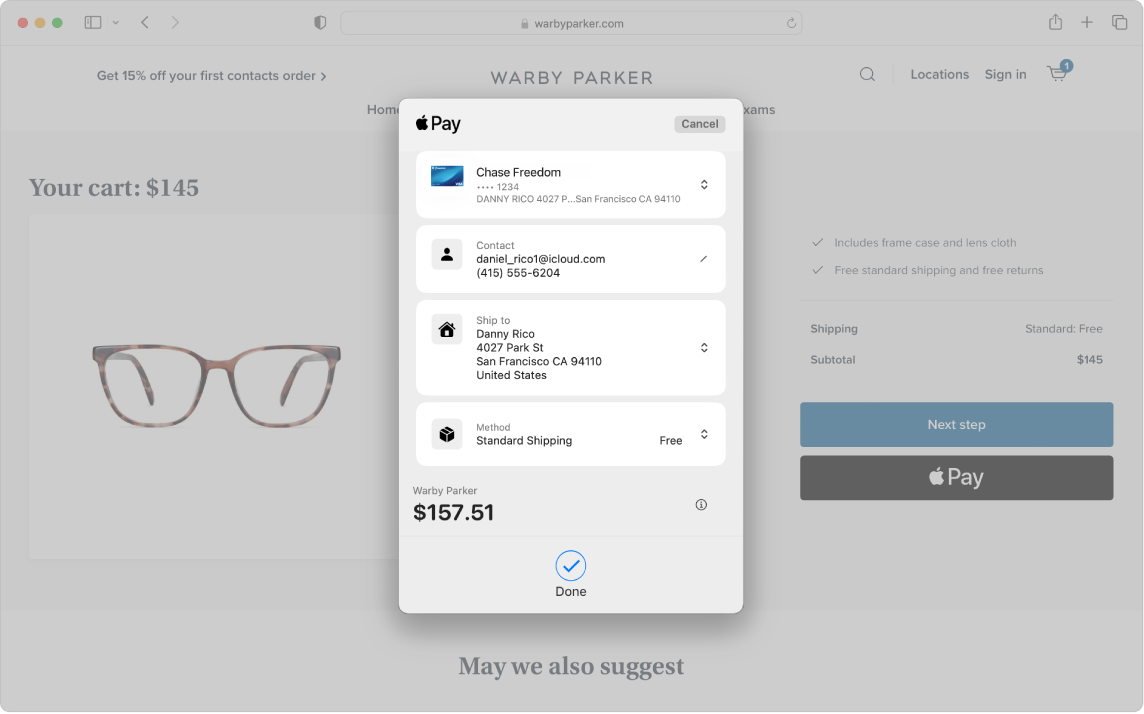 Екран Mac, на якому відображено процес онлайн-покупки за допомогою опції Apple Pay у Safari.