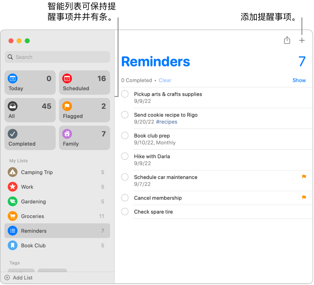 “提醒事项”窗口，左侧是智能列表，下方是其他提醒事项和列表。指针位于提醒事项中。标注指向智能列表和“添加新提醒事项”按钮。