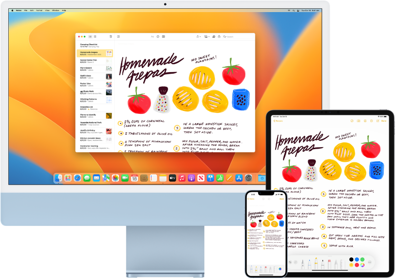 「備忘錄」App 中的購物清單在 iMac、iPhone 和 iPad 上顯示。