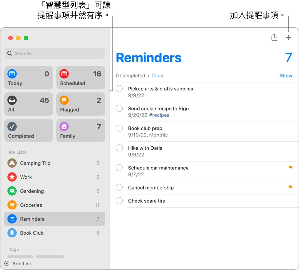 「提醒事項」視窗在左側顯示智慧型列表，而下方為其他提醒事項和列表。指標在提醒事項中。「智慧型列表」和「新增提醒事項」按鈕的說明框。