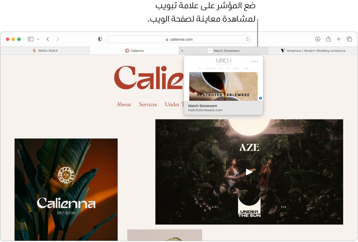 نافذة سفاري بها صفحة ويب نشطة بعنوان "Calienna"، بالإضافة إلى ٣ علامات تبويب إضافية، ووسيلة شرح لمعاينة علامة التبويب "Match Stoneware" يظهر بها النص "ضع المؤشر فوق علامة تبويب لمشاهدة معاينة لصفحة الويب".