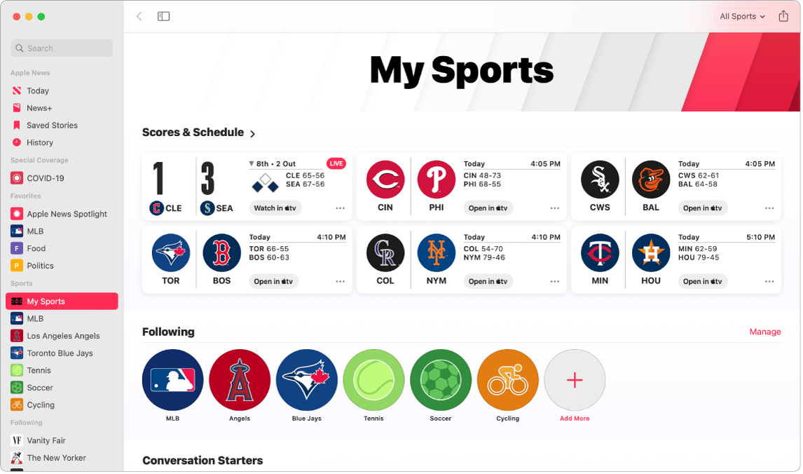 نافذة الأخبار تعرض My Sports، والتي تتضمن Schedules و Scores، بالإضافة إلى البطولات والفِرق والرياضات التي تتم متابعتها.