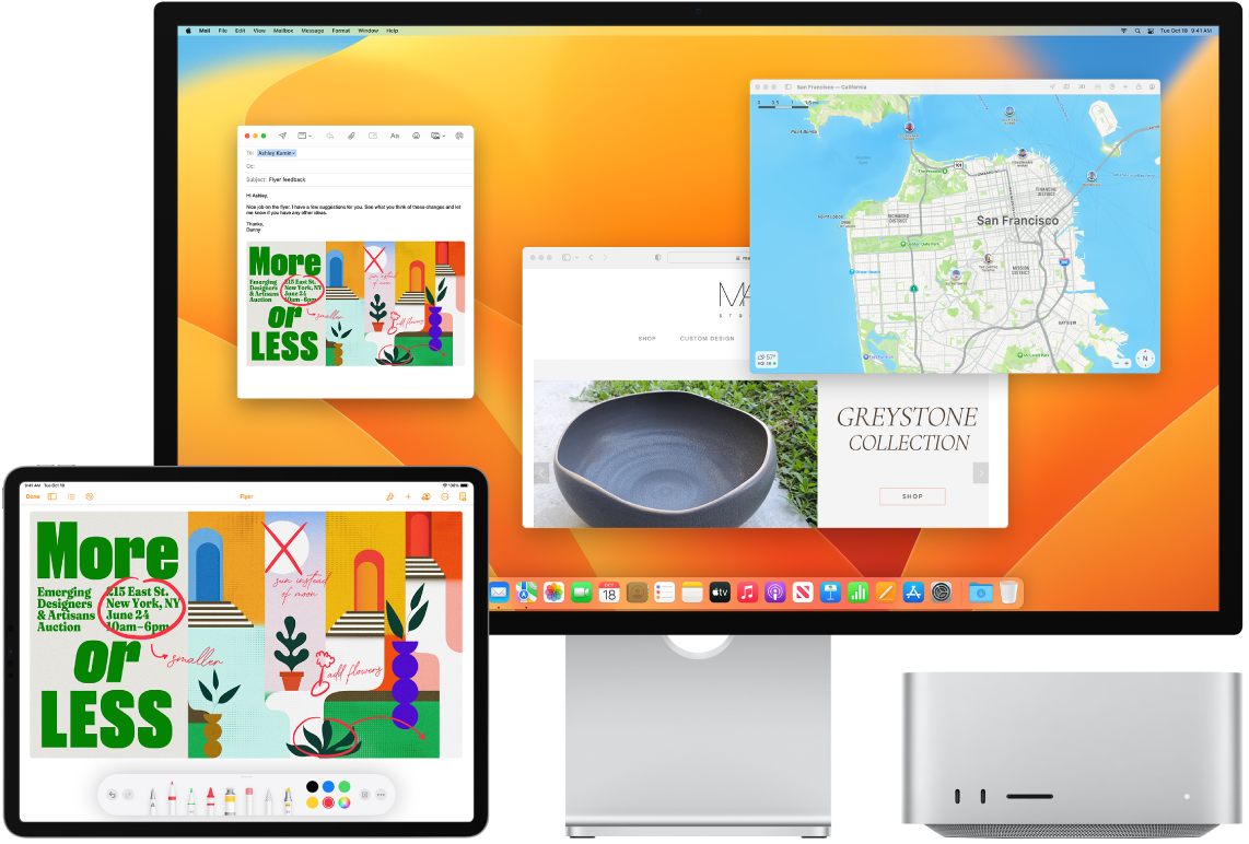 A Mac Studio and iPad are shown next to each other. The iPad screen shows a flyer with annotations. The Mac Studio screen has a Mail message with the annotated flyer from the iPad as an attachment.