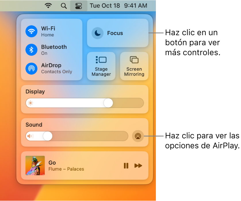 Vista ampliada del centro de control del Mac.