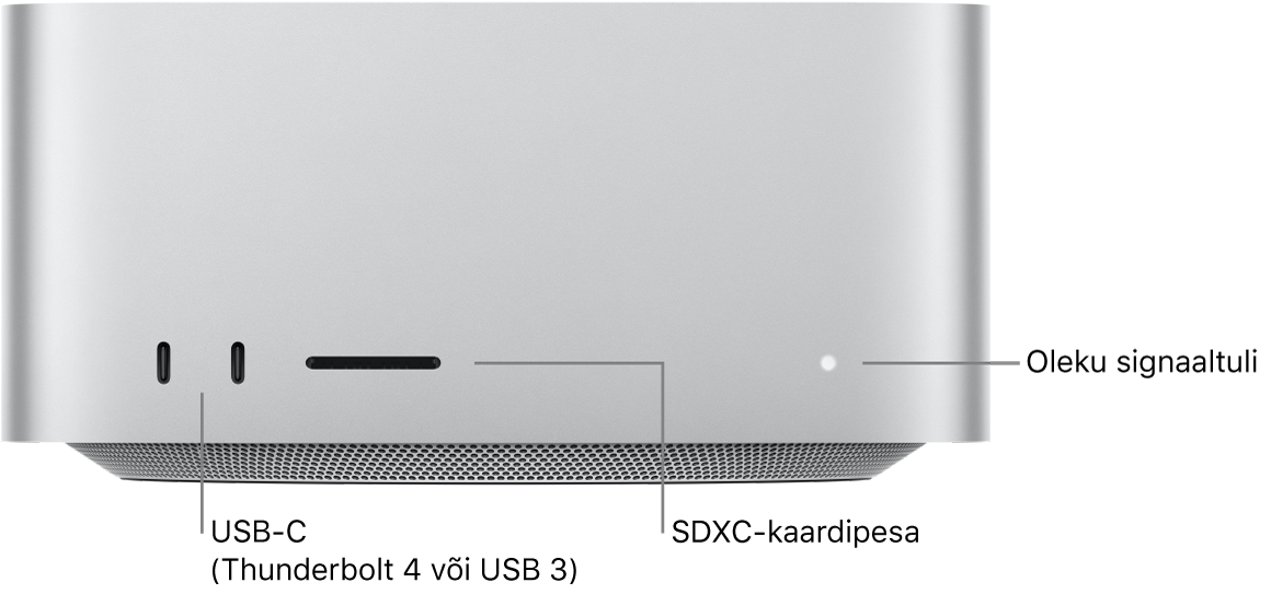 Mac Studio esiküljel on kaks USB-C porti, SDXC-kaardipesa ning oleku indikaatortuli.