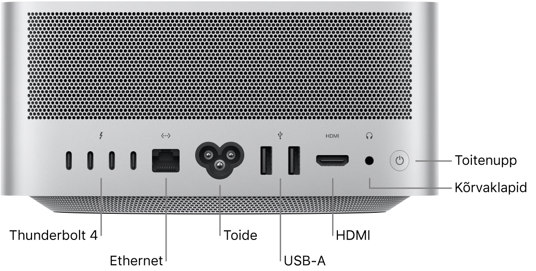 Mac Studio tagaküljel olevad neli Thunderbolt 4 (USB-C) porti, Gigabit Etherneti port, toiteport, kaks USB-A-porti, HDMI-port, 3,5 mm kõrvaklappide pesa ning toitenupp.