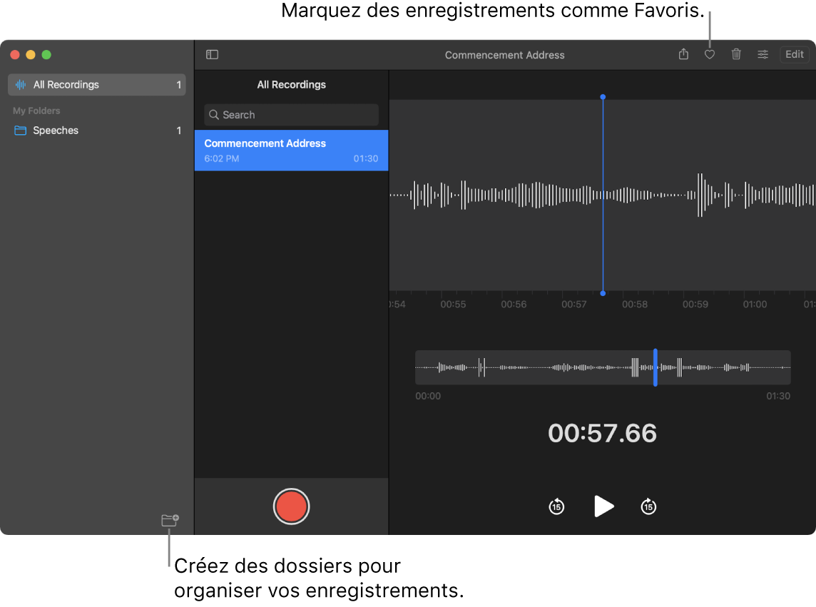 Fenêtre de Dictaphone montrant comment créer de nouveaux dossiers ou marquer des enregistrements comme favoris.