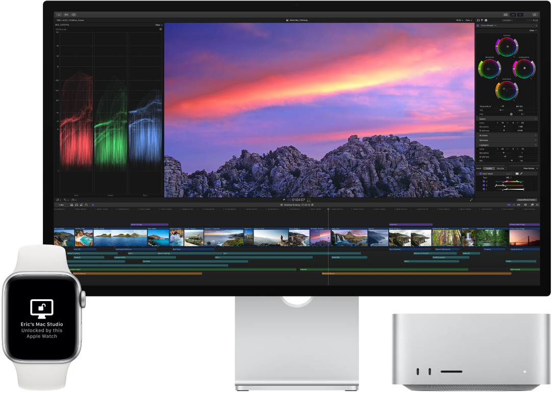 Un Mac Studio, à côté d’une Apple Watch affichant un message qui indique que le Mac a été déverrouillé par la montre.