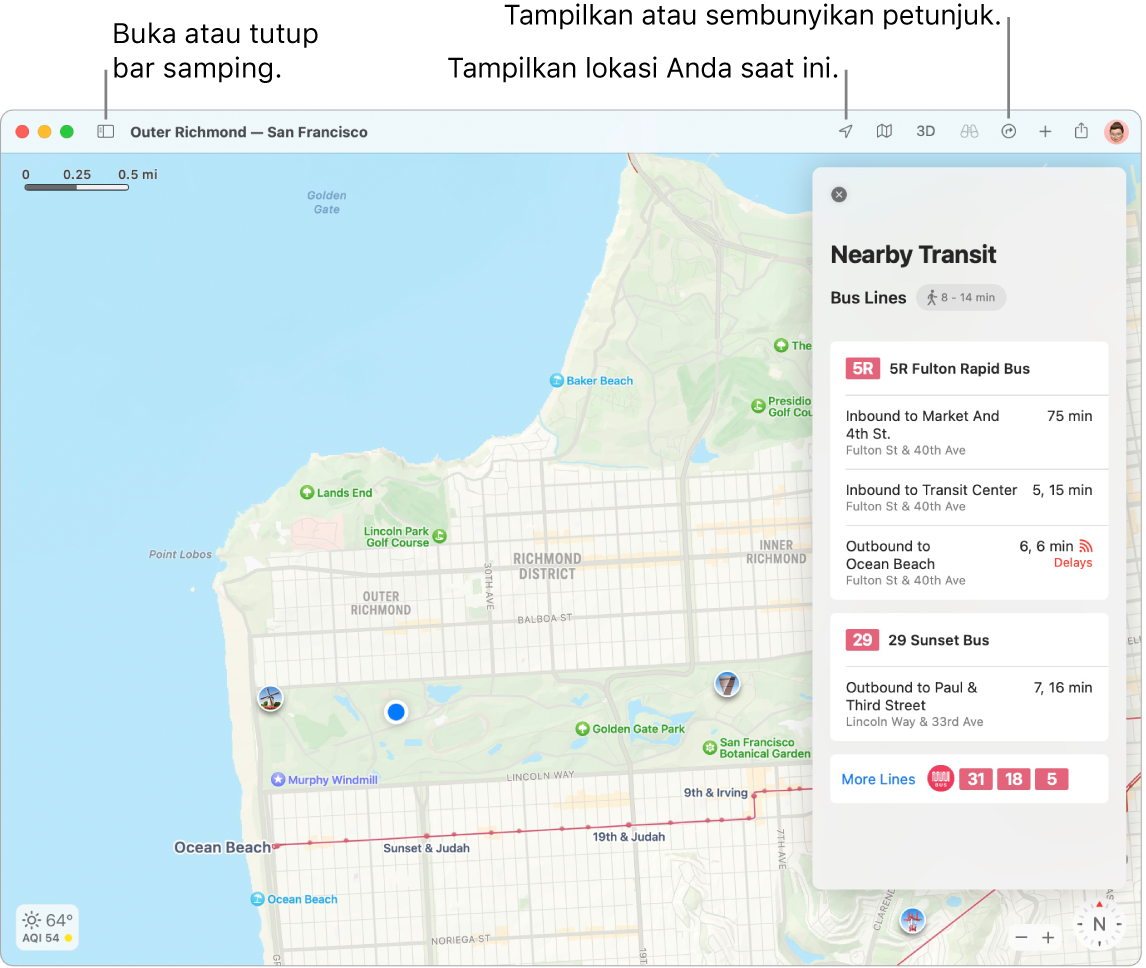 Jendela Peta menampilkan cara mendapatkan petunjuk arah dengan mengeklik tujuan di bar samping, cara membuka atau menutup bar samping, dan cara menemukan lokasi Anda saat ini di peta.