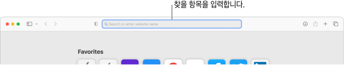 윈도우 상단에 검색 필드에 대한 설명이 있는 잘린 Safari 윈도우.