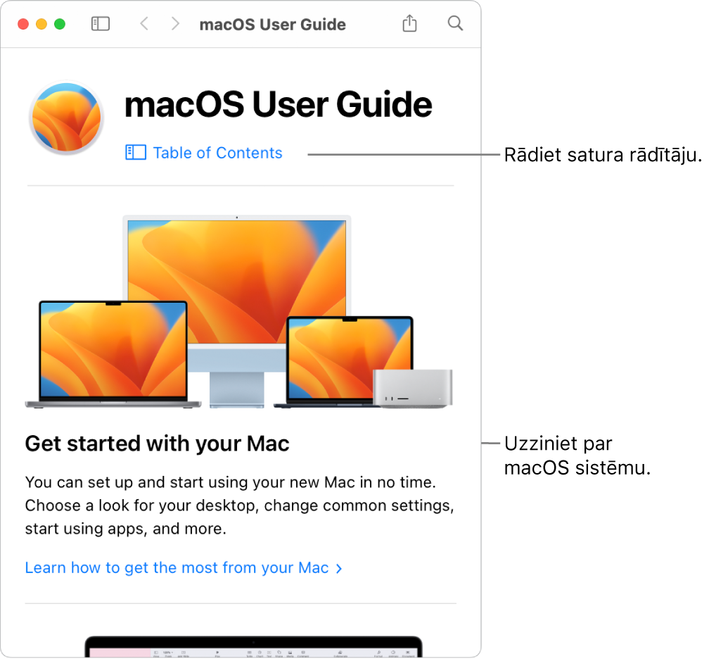 macOS lietošanas pamācības sākuma lapa ar saiti uz satura rādītāju.