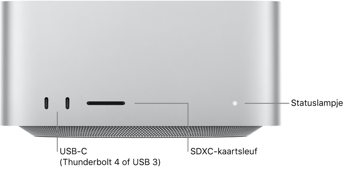 De voorkant van een Mac Studio met twee USB-C-poorten, de SDXC-kaartsleuf en het statuslampje.