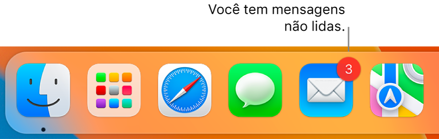 Seção do Dock exibindo o ícone do app Mail, com um aviso indicando o número de mensagens não lidas.