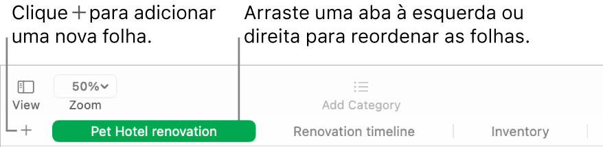 Janela do Numbers mostrando como adicionar uma nova folha e como reordenar as folhas.