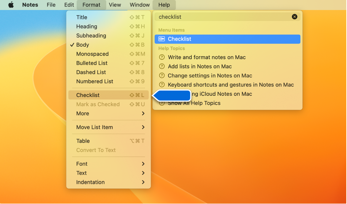 Meni Help, ki prikazuje iskanje »checklist« z označenim Checklist v meniju Format.