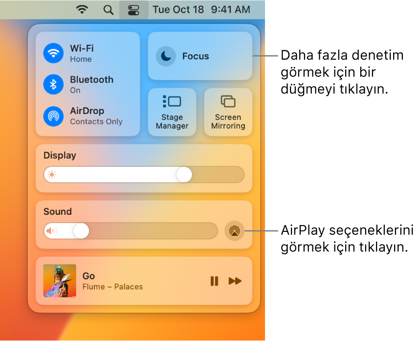 Mac’inizdeki Denetim Merkezi’nin büyütülmüş görüntüsü.