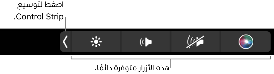 جزء من الشاشة الافتراضية لشريط اللمس، يظهر به جزء التحكم المطوي وبه أزرار تكون متاحة دائمًا: السطوع ومستوى الصوت وكتم الصوت. اضغط على زر التوسيع لعرض الـ Control Strip بالكامل.