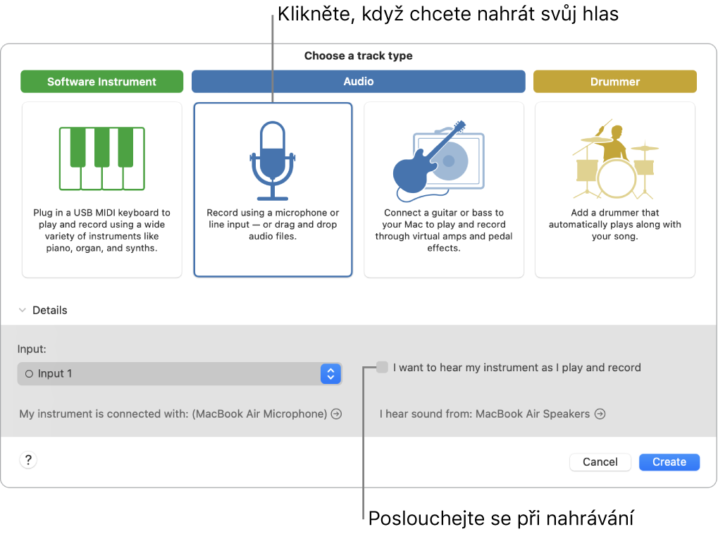 Panel nástrojů GarageBandu s popisky ukazujícími, kam je třeba kliknout, chcete‑li nahrávat hlas nebo zapnout odposlech při nahrávání