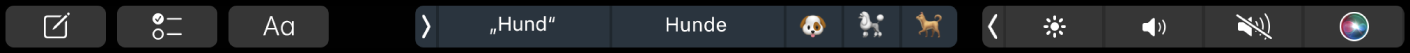 Die Notizen-Touch Bar mit Tasten zum Erstellen einer neuen Notiz, zum Hinzufügen einer Checkliste sowie zum Bearbeiten von Text Außerdem gibt es Tasten für Schreibvorschläge.