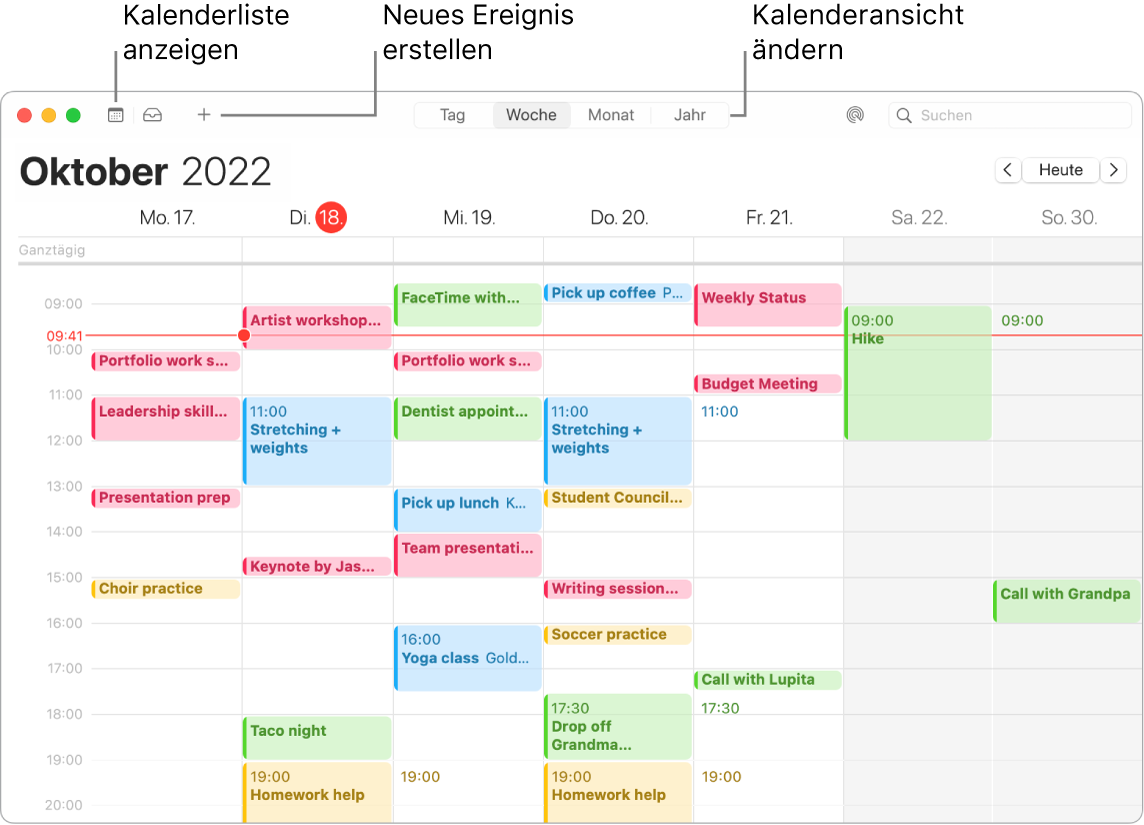 Ein Kalender-Fenster mit der Kalenderliste und Informationen zum Erstellen eines Ereignisses und zum Auswählen einer Darstellung in Tagen, Monaten oder Jahren