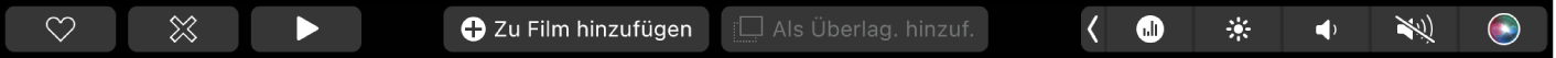 Die iMovie-Touch Bar mit Tasten zum Wiedergeben, zum Hinzufügen zum Film sowie zum Hinzufügen als Überlagerung.