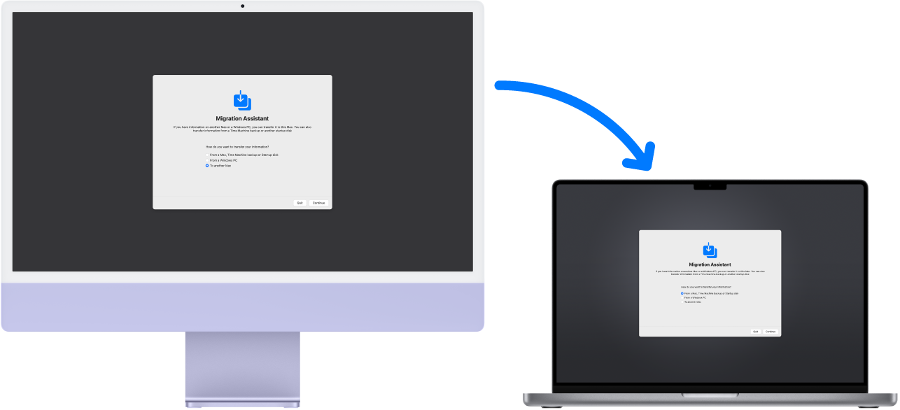 Ένα iMac και ένα MacBook Pro που εμφανίζουν και τα δύο την οθόνη του Βοηθού μετεγκατάστασης. Ένα βέλος από το iMac στο MacBook Pro υποδεικνύει τη μεταφορά των δεδομένων από το ένα στο άλλο.