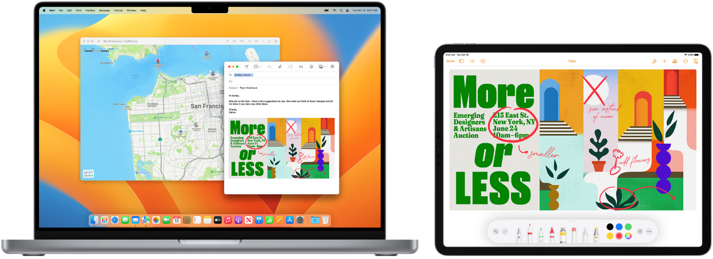 A MacBook Pro and iPad are shown next to each other. The iPad screen shows a flyer with annotations. The display used by the MacBook Pro has a Mail message with the annotated flyer from the iPad as an attachment.
