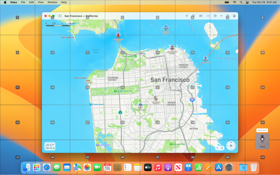 Mapas abierto en el escritorio con una cuadrícula sobrepuesta.