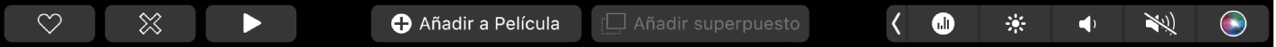 La Touch Bar de iMovie con botones para reproducir, añadir a un vídeo y añadir a modo de superposición.