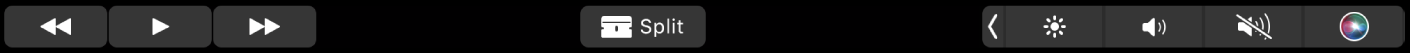 La Touch Bar de iMovie cuando se está reproduciendo un clip. Hay botones para retroceder, reproducir, avanzar, dividir y modificar el volumen.