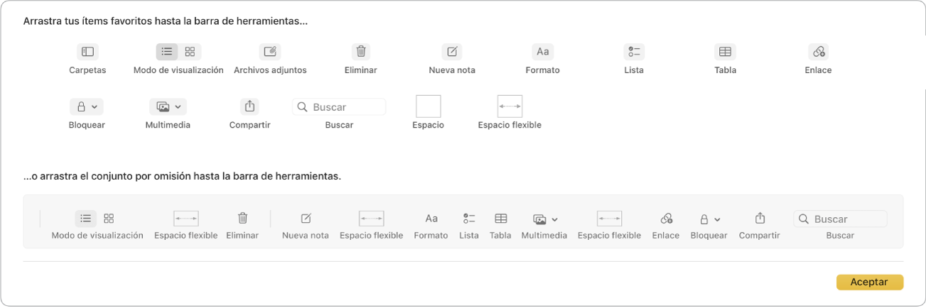 Una ventana de Notas que muestra las opciones de personalización de la barra de herramientas que están disponibles.